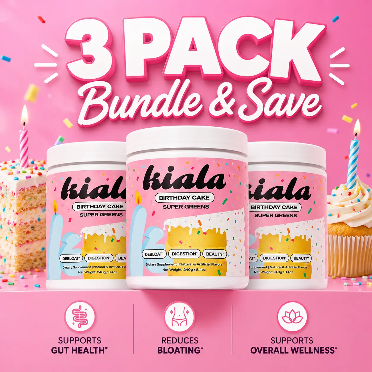 Kiala Nutrition Birthday Cake Organic Super Greens Powder Dietary Supplement (3 Pack)