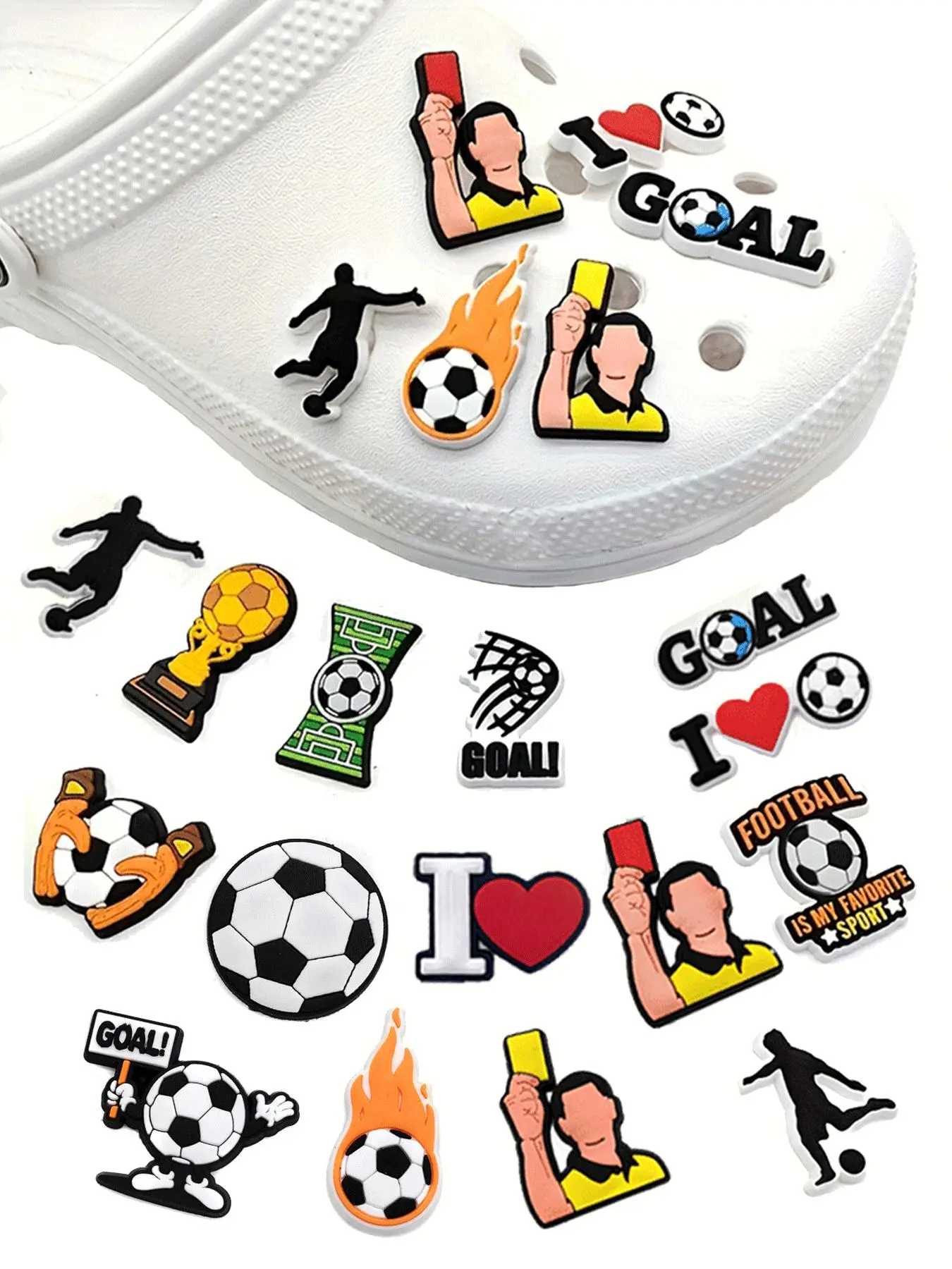Soccer Themed Shoe Charm, Cute Cartoon Soccer Ball & Player & Referee & Heart & Letter Design Shoe Decoration, Shoes Decorations for Clogs, Footwear Charms, Shoe Embellishment Set, Decorative Shoe Accessories, Shoe Charms for Sneakers