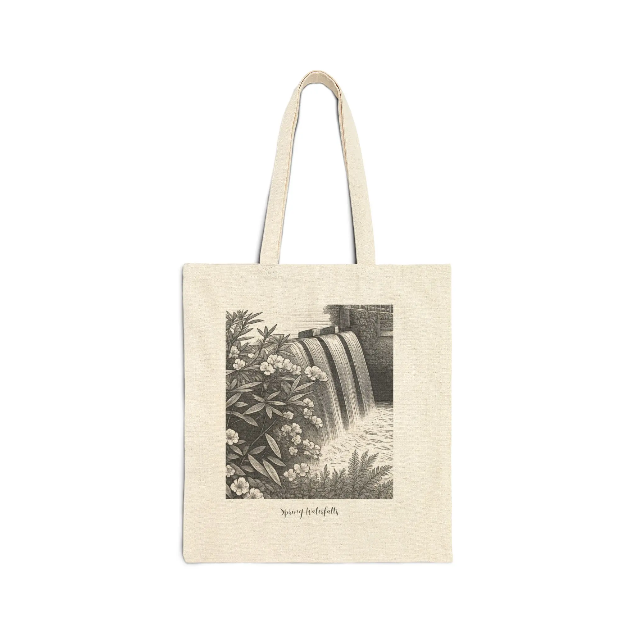 Women's Double Handle Tote Bag - Spring Waterfalls Vintage Sketch Design, Original Nature Photography Art, Double Handle Women's Tote Bags