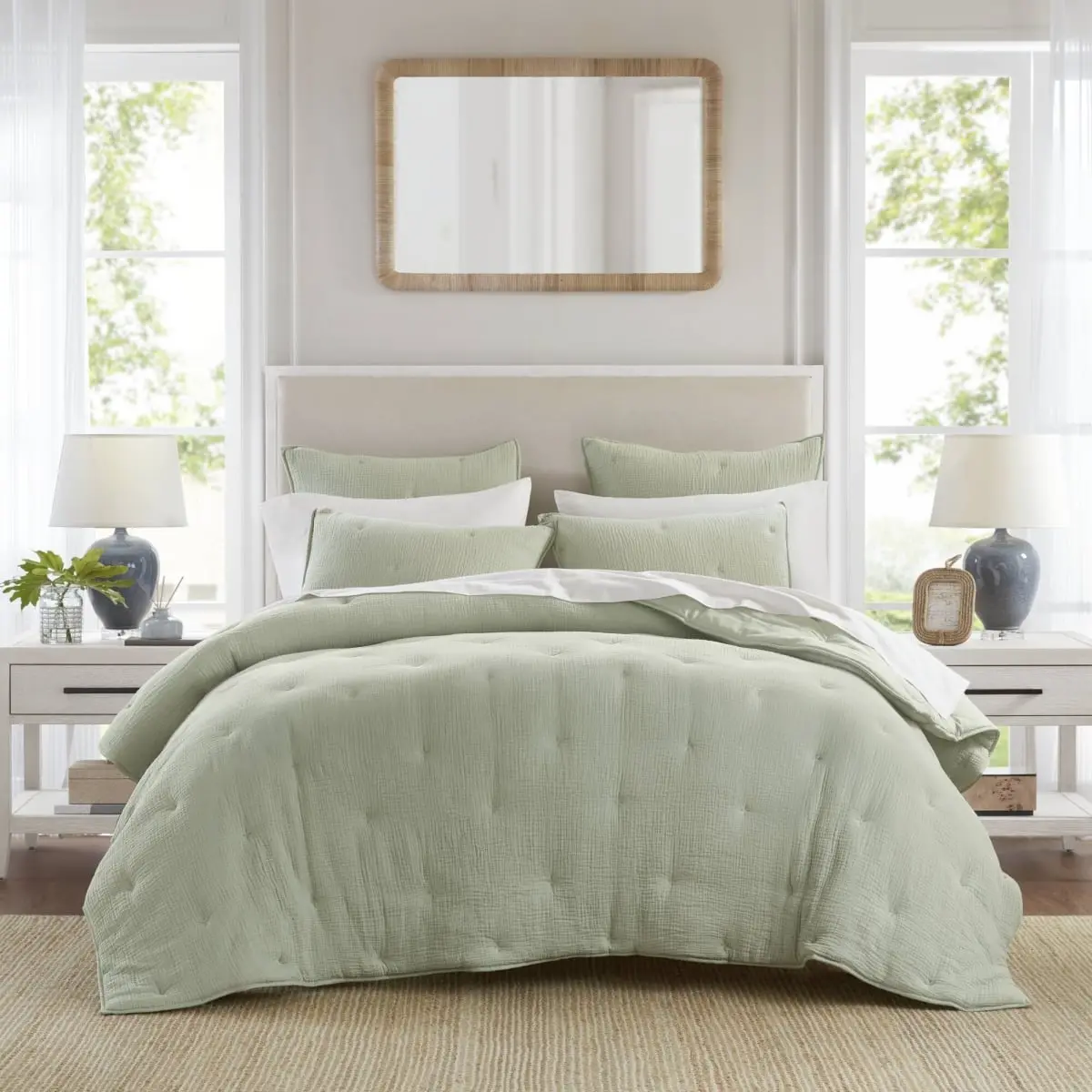 Harbor House HH13-1881 Luxury Soft Cotton Gauze Embroidered Bedding Set - Sage King Size, Embroidery Tack, Year-Round All-Seasons Bedding Collection