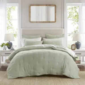 360 stand King Size Sage Embroidered Quilt Set - Crinkled Weave Year-Round Cotton Gauze Bedding, Natural Tones King Comforter Set, Casual Bedding Set, Muslin Quilt Set