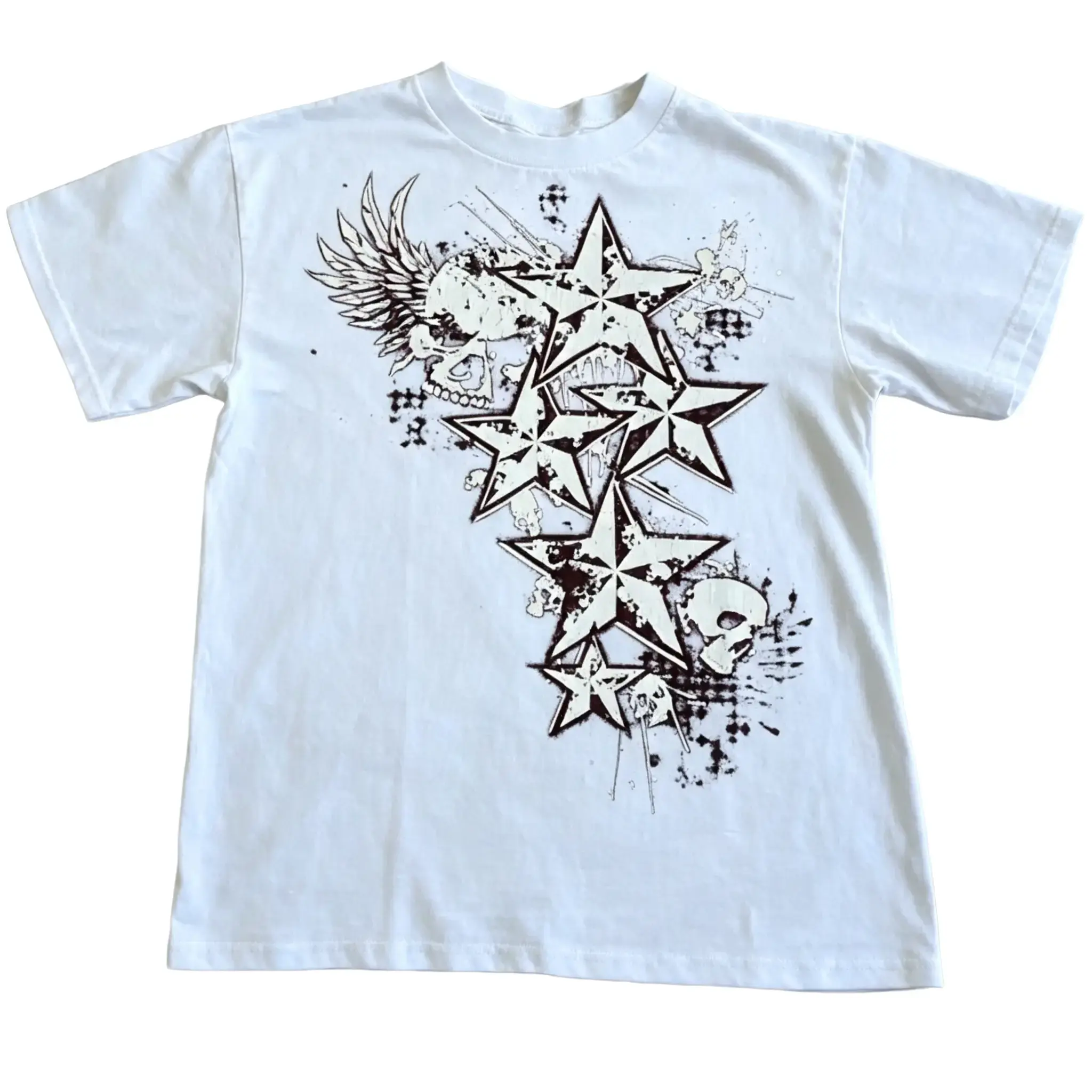 Women's Casual Short-Sleeve Sports Top, Retro Y2K Punk Skull & 5-Pointed Star Graphic, Loose Grunge Daily Outfit Tee