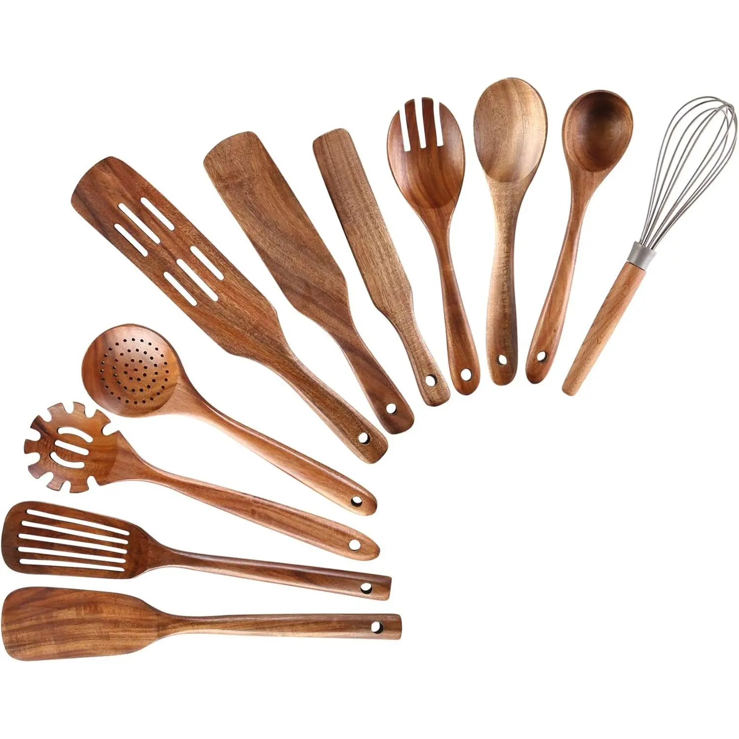 11-Piece Classic Teak Wooden Kitchen Utensils Set - Grain Finish Spoons, Spatulas, Spurtles Kit - Non-Stick Natural Home Use Cooking Tools