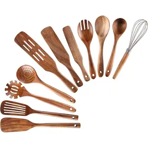 Wooden Kitchen Utensils Set, 11 Pcs Teak Wood Cooking Utensils Spoons Spatulas Spurtles Kit Non-stick Natural Kitchen Tools for Cooking