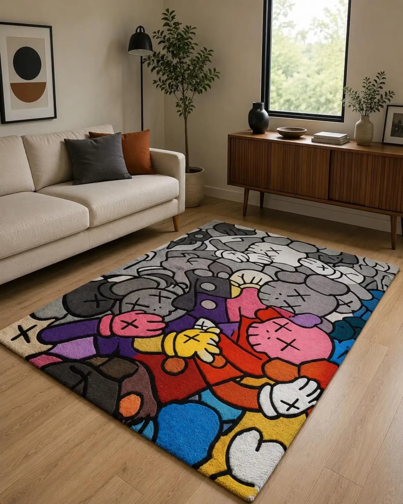 KAWS-style rugs, Hypebeast-style decorative rugs, Pop art rugs for gamer bedrooms, trendy living room floor decorations.