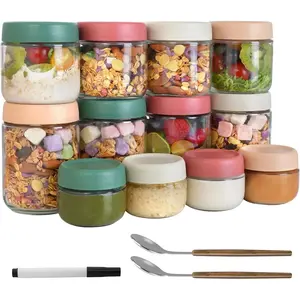 12Pack Overnight Oats Containers with Lids, 16oz, 8oz & 4oz Glass Jars with Airtight Lids, Wide mouth Mason Salad jars, Glass Food Storage Containers for Yogurt Chia Pudding Snacks Cereal & Spices Kitchen Utensils