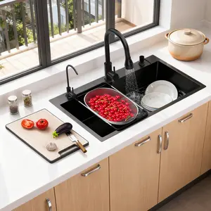Black Stainless Steel Workstation Kitchen Sink, 31.5" x 17.7" Drop-in/Undermount Single Bowl Sink with Cutting Board & Drain Basket, Nano Coated Easy Clean Kitchen Sink Set with Accessories