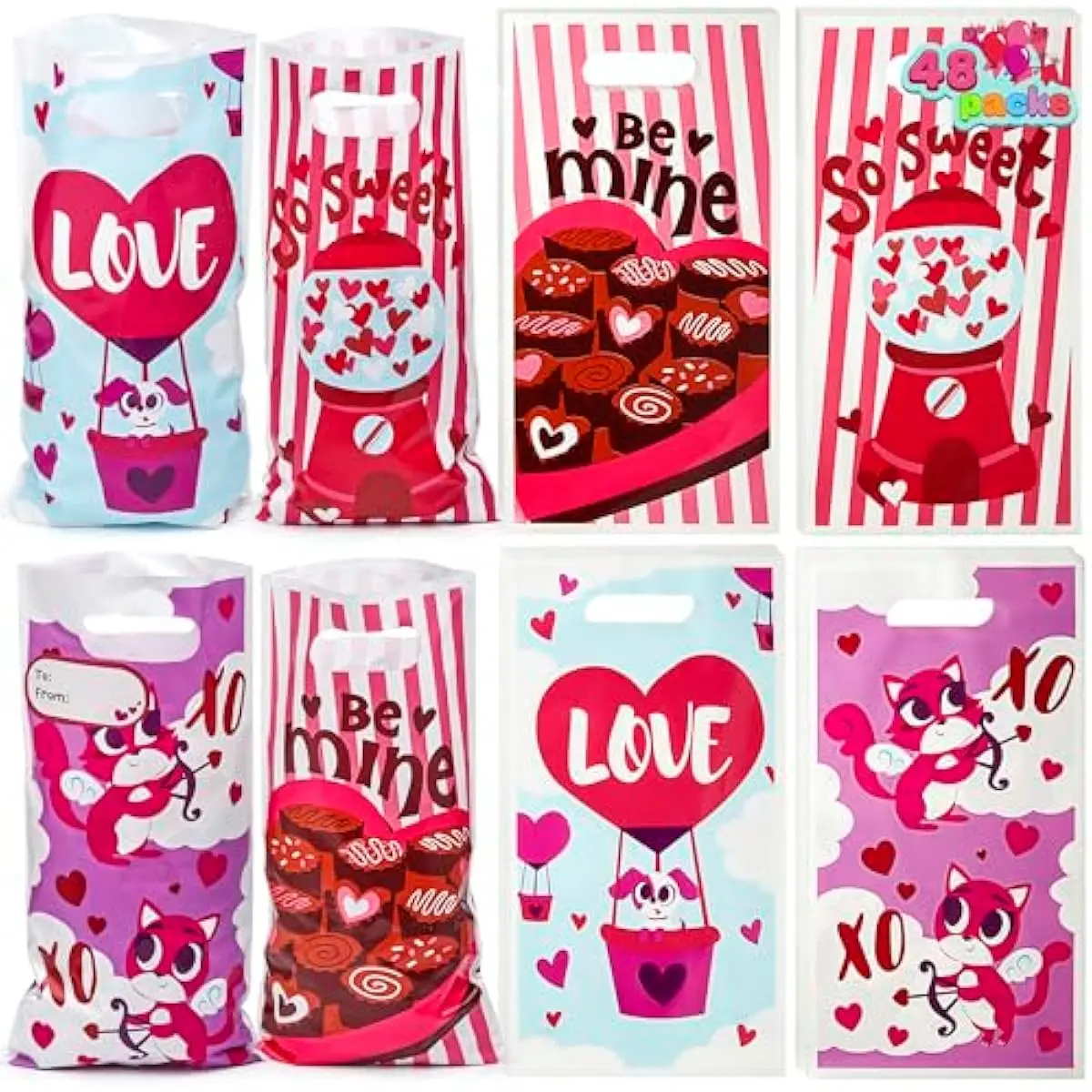 48 Pcs Valentines Day Gift Bags, Goodie Bags with Foam Stickers ,Treat Bag for Valentine Party Favors Gifts,Kids Party Favor Supplies, Classroom Exchange Prizes