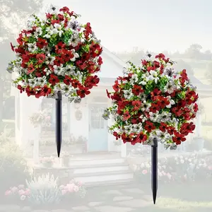 2 sets of vibrant weather-resistant artificial Decorative outdoor flowers, red and white combination set, with black ground stakes made of durable plastic, suitable for Christmas, Easter, Thanksgiving, easy to install, perfect for decorating balconies