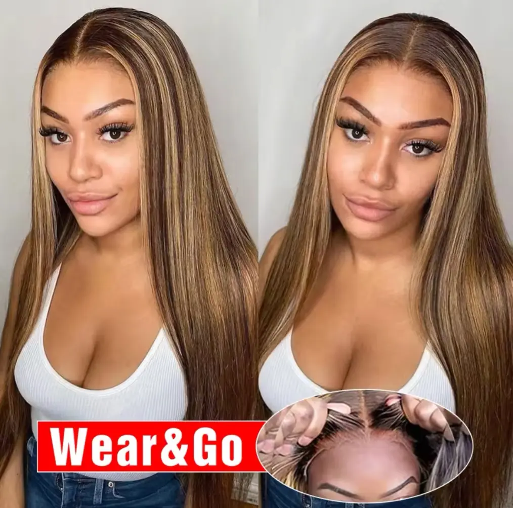 eymn hair 34 inch wear and go gluless wigs bleached knots pre cut  full front lace human hair wig straight 4/27 omber color 250%