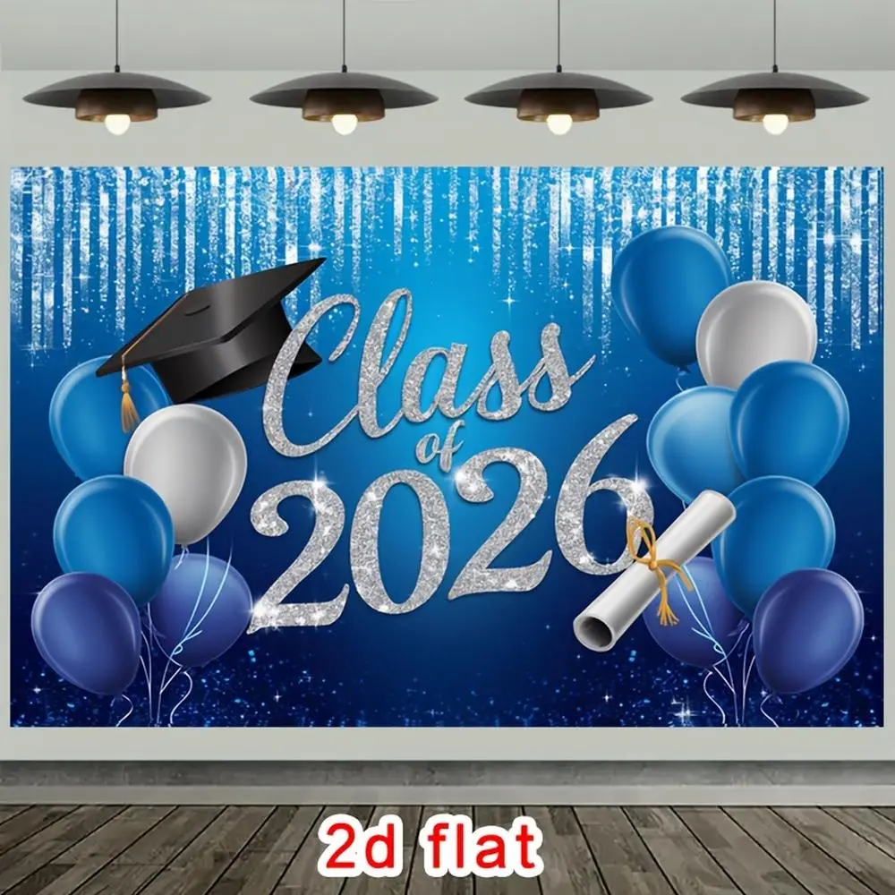 1PC Reusable 2D Flat Polyester Backdrop - Blue Balloon & Silver Glitter Design, 2026 Graduation Decor, Grad Party Decorations, Photo Background, Stage Banner, Festive Classroom Supplies