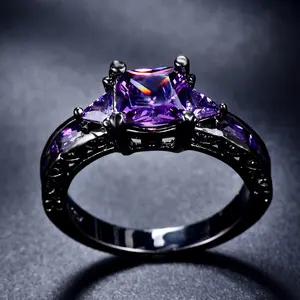 Vintage Black and Gold Princess Cut Purple Stone Ring for Women Engagement Wedding Bridal Party Fine Jewelry Gift