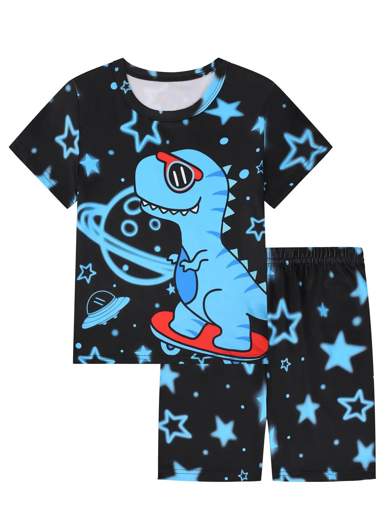 Boy's Cartoon Dinosaur Print Tee & Shorts Loungewear Set, Casual Comfy Round Neck Short Sleeve T-shirt & Shorts Set, Kids Sleepwear for Summer