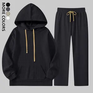 Men's 2-Piece Solid Color Waffle Pattern Casual Set Long Sleeve Hooded Pullover and Drawstring Pants Comfortable and Stylish Loungewear Suitable for Men's Everyday Casual Wear Vacation Wear Spring and Autumn Menswear