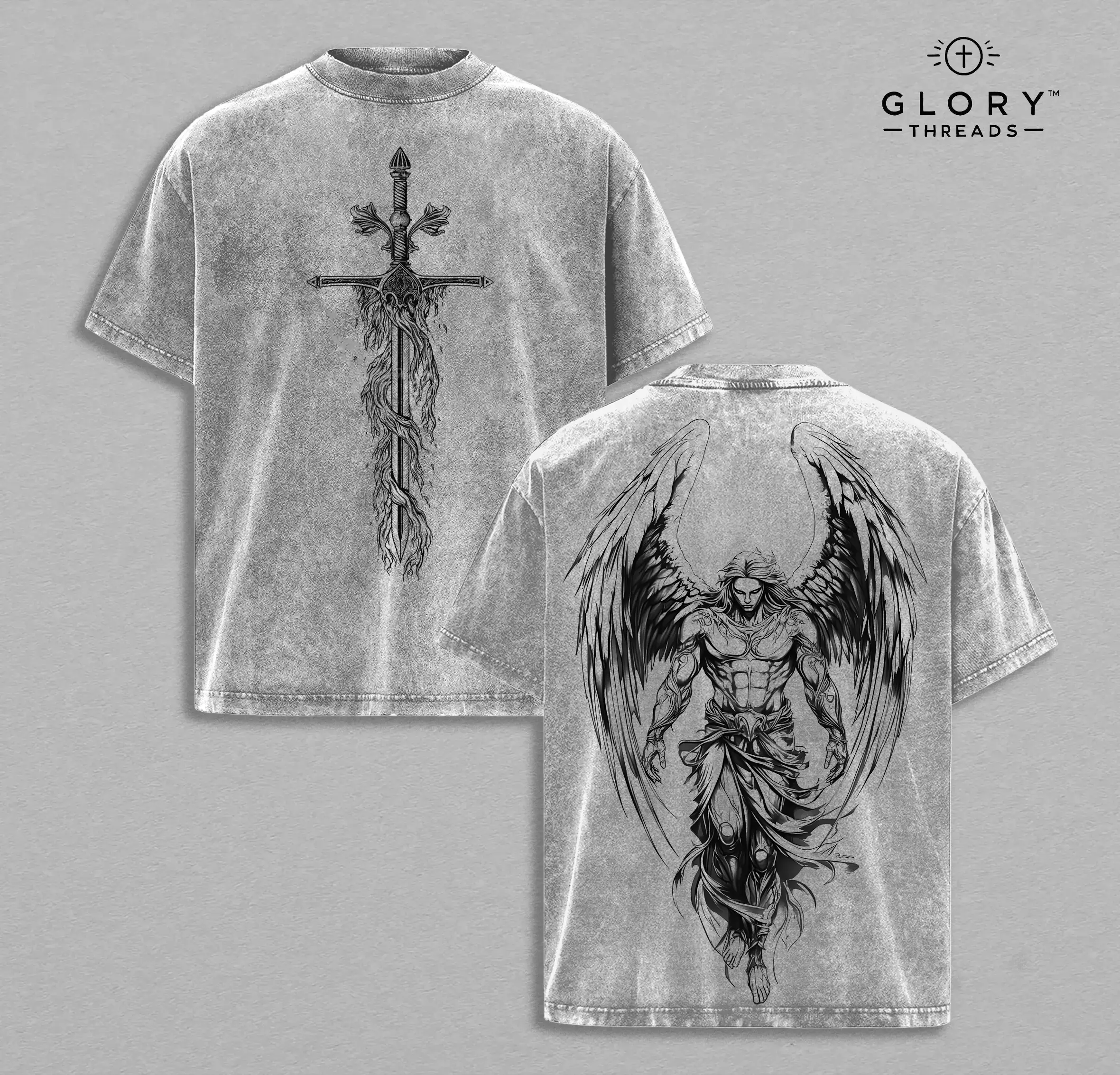 Men's Washed Saint Michael The Archangel Camo Ribbed T-Shirt - Flaming Sword, Scales of Justice, Jesus Christian Apparel Top for Church Outfits, Shortsleeve, Seamless, Stylish, Oversized, Classic, Cotton