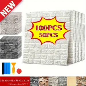 50/100Pcs 3D DIY Wallpaper Wall Stickers, Foam Soft Wood Grain Self-Adhesive Anti-Collision Wallpaper, Waterproof Protective Background, Easy to Clean and Freely Cut, Suitable for Bathroom, Living Room, Kitchen, Home Improvement Self-Adhesive