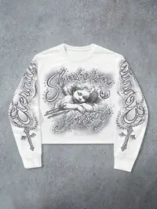 Spring & Fall New Angel Child Print Short Sweatshirt, Fitted Street Style, Moderate Fabric Thickness, Kint Fabric, Women's Casual Wear