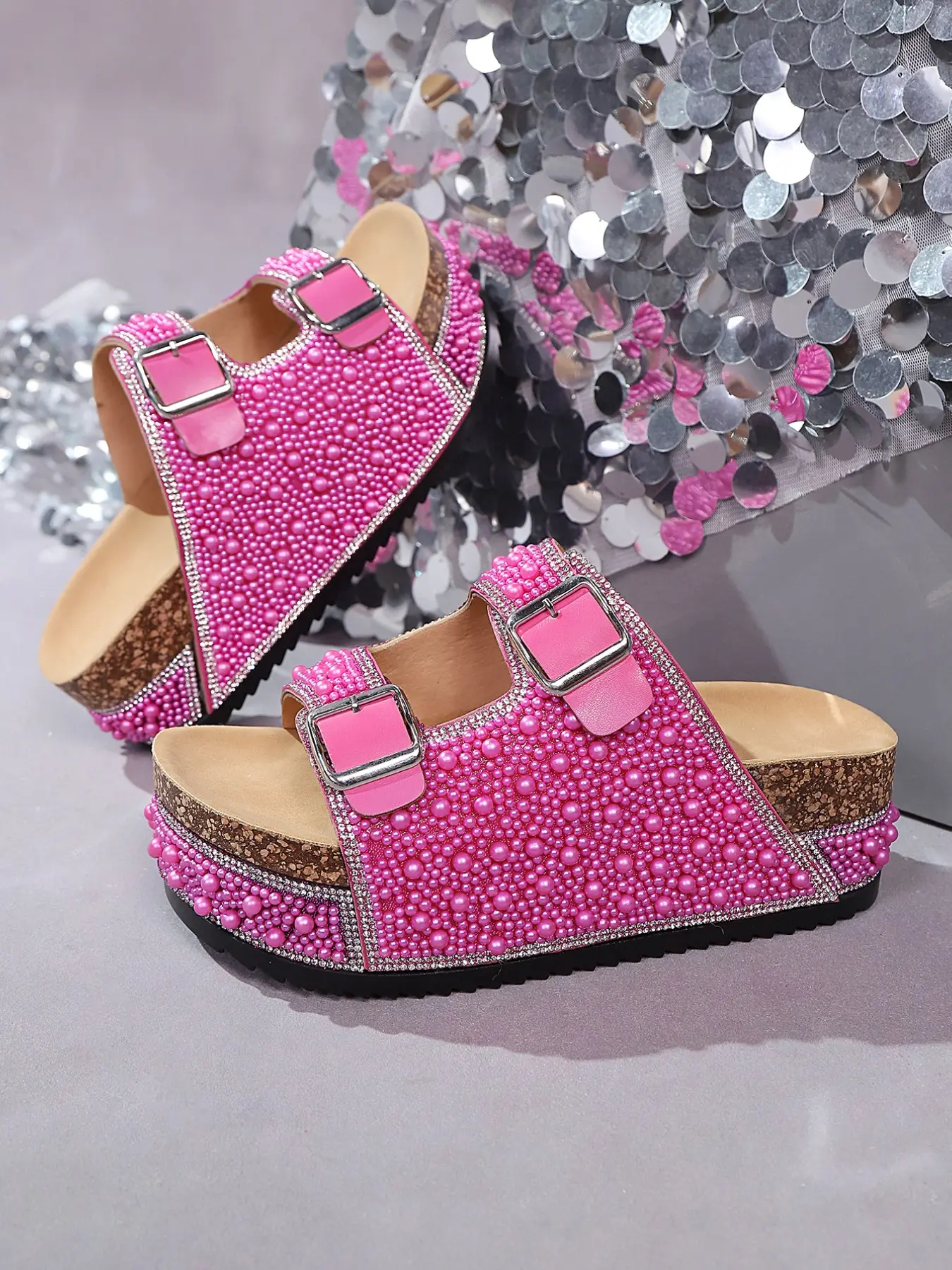 Summer New Multicolor Beaded Embellished Wedge Sandals, Stylish Adjustable Buckle Design, Casual Outdoor Wear, Versatile Slip-On Shoes, Height-Boosting Slimming Rubber Footwear, Elevated Wedge, Wedge Sole