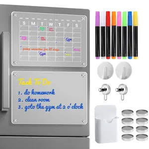 16"x12" Acrylic Magnetic Dry Erase Calendar for Fridge 2 Sets- Clear Monthly Planner Whiteboard, Magnetic Pen Holder, 8 Markers, 2 Nail-Free Stickers