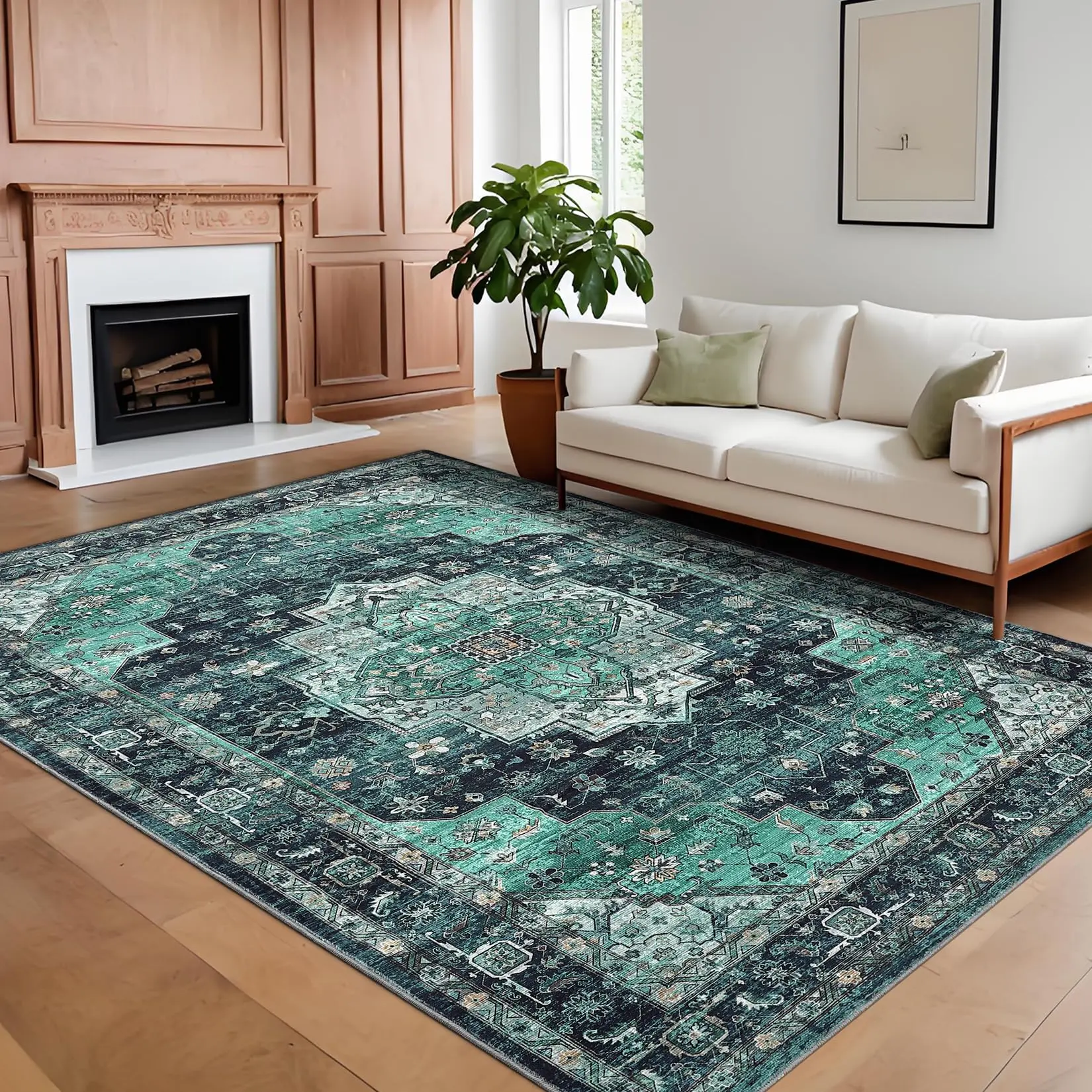 【GARVEE】Machine Washable Area Rugs 5x7 Vintage Floor Carpet with Non-Slip Backing, Stain-Resistant Oriental Soft Low Pile Carpet, Distressed Accent Carpet for Laundry, Bedroom, Office, Green