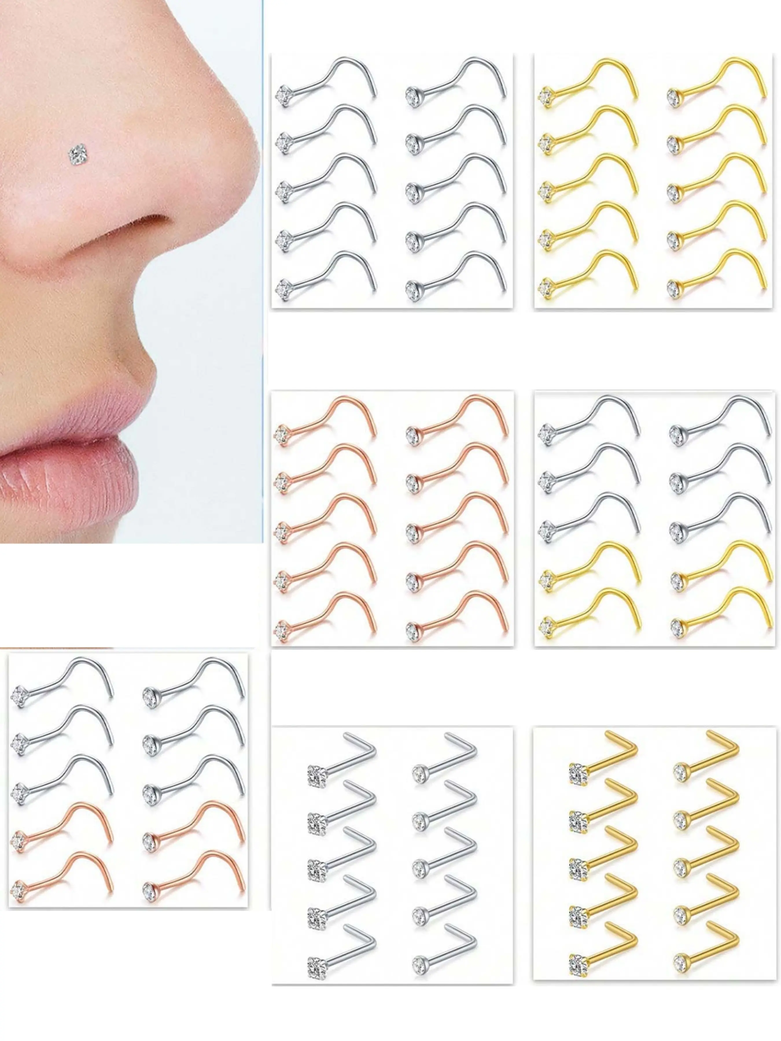 10pcs Nose Studs Nose Rings for Women, 20g L Shaped Corkscrew Nose Ring, Stainless Steel Nose Screw Studs, Fashion Body Jewelry Accessories, Nose Piercing Jewelry