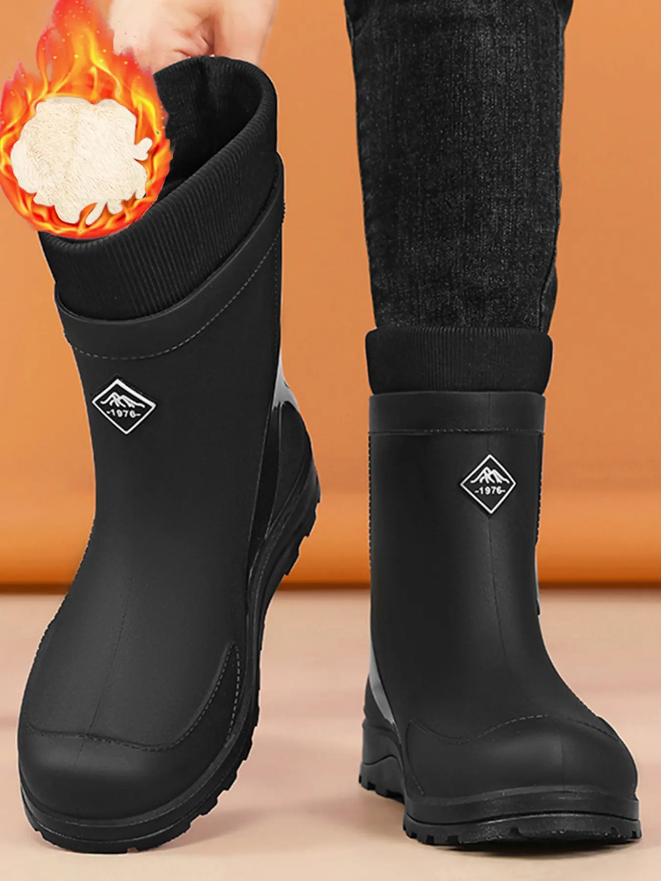 Men's Mid-Calf Fleece Lined Closed Rain Boots, Waterproof Boot, Durable Boots, Anti-Slip Wear-Resistant Craftsmanship, Camping Fishing Gardening Multi-Scene Use, Waterproof Outdoor Footwear, Walking Shoes