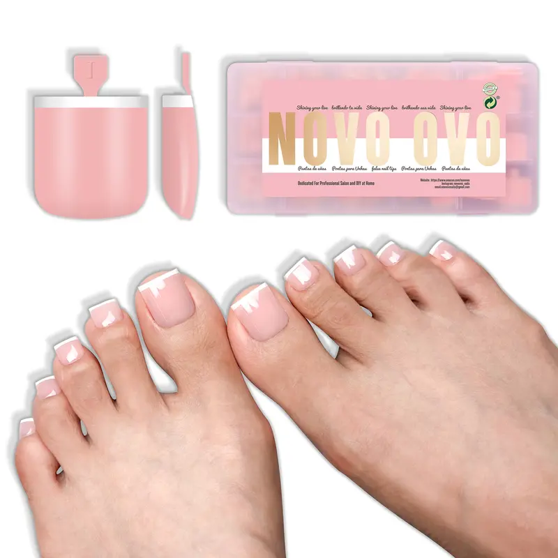 NOVO OVO Press-On Toenails Set (False Nails, Gelly Tips) - 240 Pcs x15 Sizes Pack, No Glue/UV Light Needed, Soft Gel Base, French Pink Square Tips, Full Coverage, Bend-Resistant, Home Manicure Nail Art Beauty Product