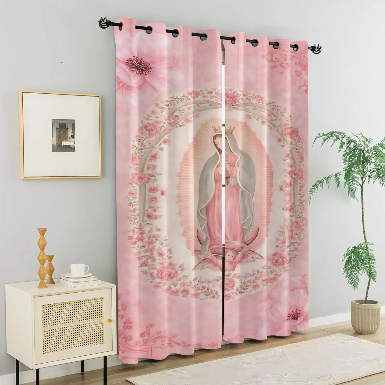 2 Panels Pink Our Lady of Guadalupe Curtains, 80%-90% Light Blocking Printed Curtains, Religious Virgin Mary Darkening Curtains, Catholic Floral Decoration Curtains for Christian Bedroom, Curtains Black Out