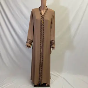 Brown and Beige Embroidered Abaya with Rhinestoned Details Maxi Length Fashionable Dress