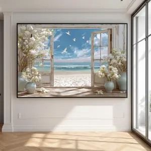 [sale off up to 40%] [Frame Canvas] Open Beach Window Canvas, Coastal Wall Art, Seaside View with Flying Seagulls, Ocean - Large Canvas Wall Art, Oversized Statement Piece