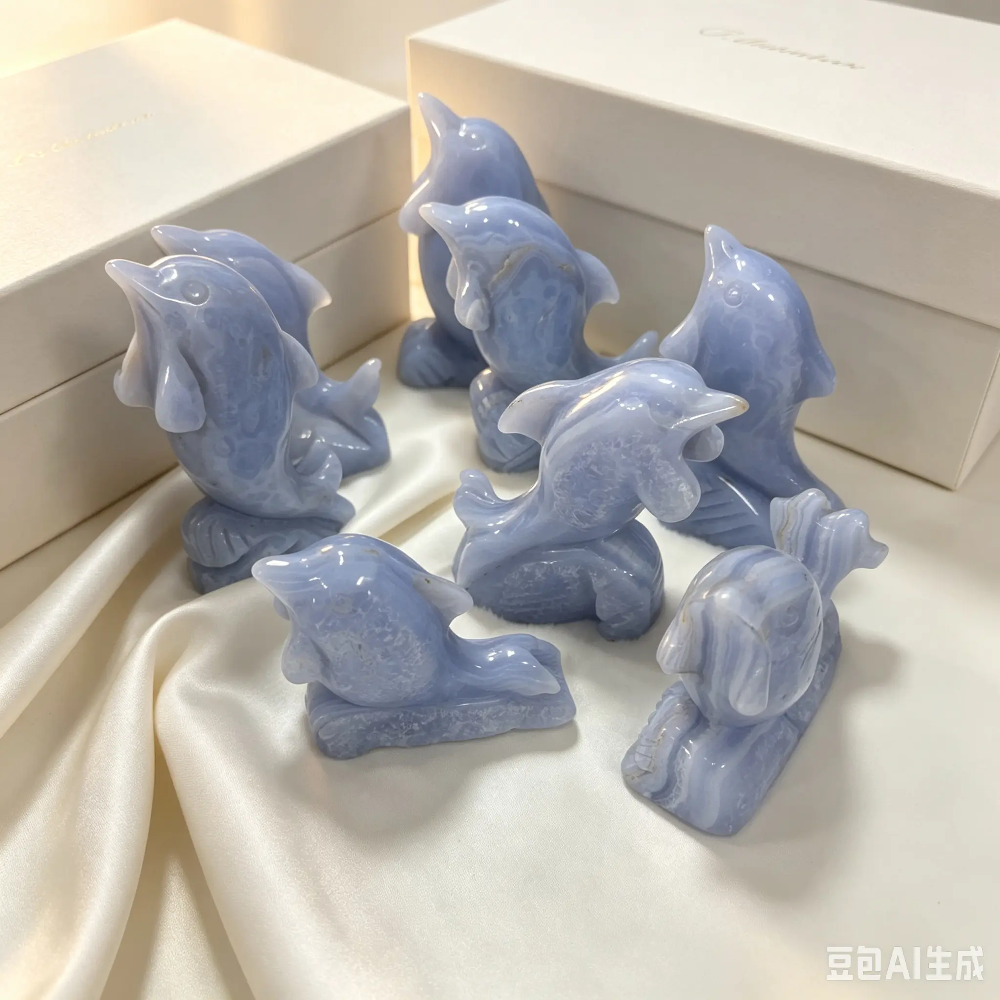 Hand Carved Blue Lace Dolphin Natural Crystal Decor, Unisex Gift Item, Hand-Carving Ornaments for Home Decor