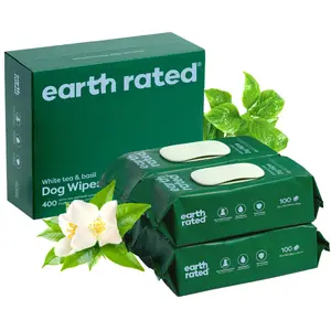 Earth Rated | 3-in-1 Pet Grooming Wipes for Dogs & Cats, Cleaning, Deodorizing & Hydrating, White Tea & Basil Scent, 400 Count