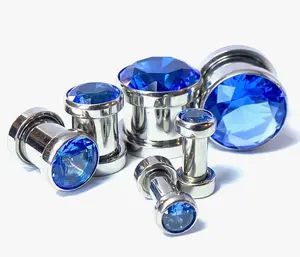 PAIR Large Sapphire Blue Gem Screw Fit Tunnel Plug Gauge Body Jewelry Piercing