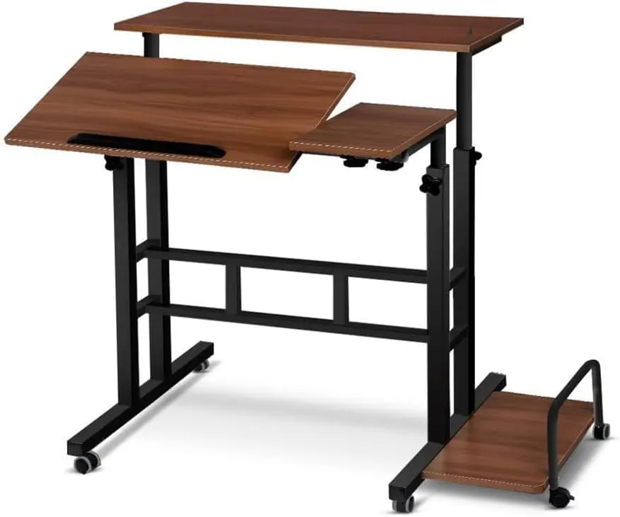 Garvee Upgraded Mobile Standing Desk, Height Adjustable, Dual-Surface Top, Built-in Charging Station, Locking Wheels, Space-Saving, Light Walnut, for Home Office, Study, Small Spaces