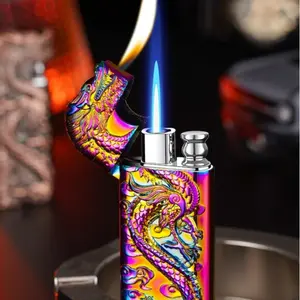 Color Ice Dual-flame Refillable Lighter with Straight Blue Flame, Windproof, 3D Relief Dragon Design, Creative Lighter(no butane in it)