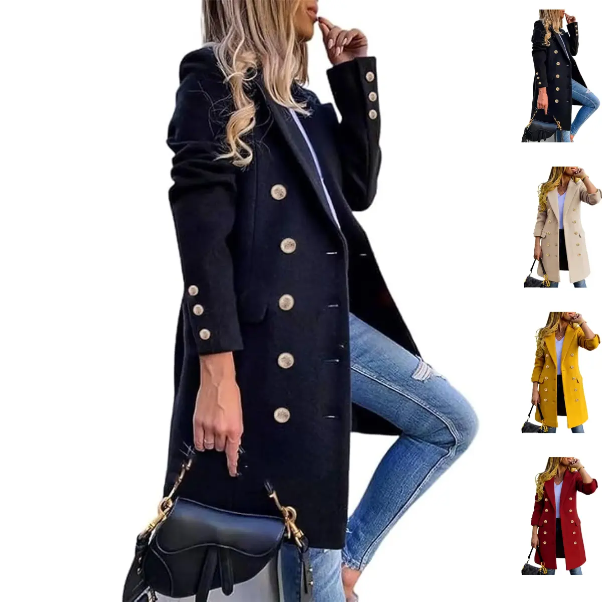 Ommig Women's Fall Winter Minimalist Wool Peacoat - Long Sleeve, Collared, Double-Breasted Midi Jackets & Outerwear, Basic, Wool Blend, Solid Colors, Chic Street