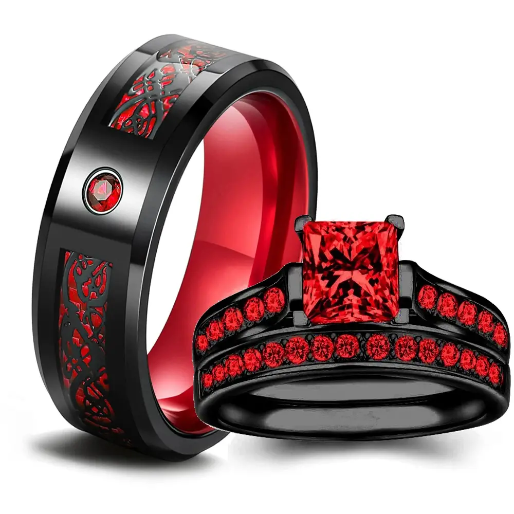 Couple Rings Romantic Women Red Rhinestones CZ Rings Set Trendy Men Stainless Steel Celtic Dragon Rings Wedding Band Jewelry
