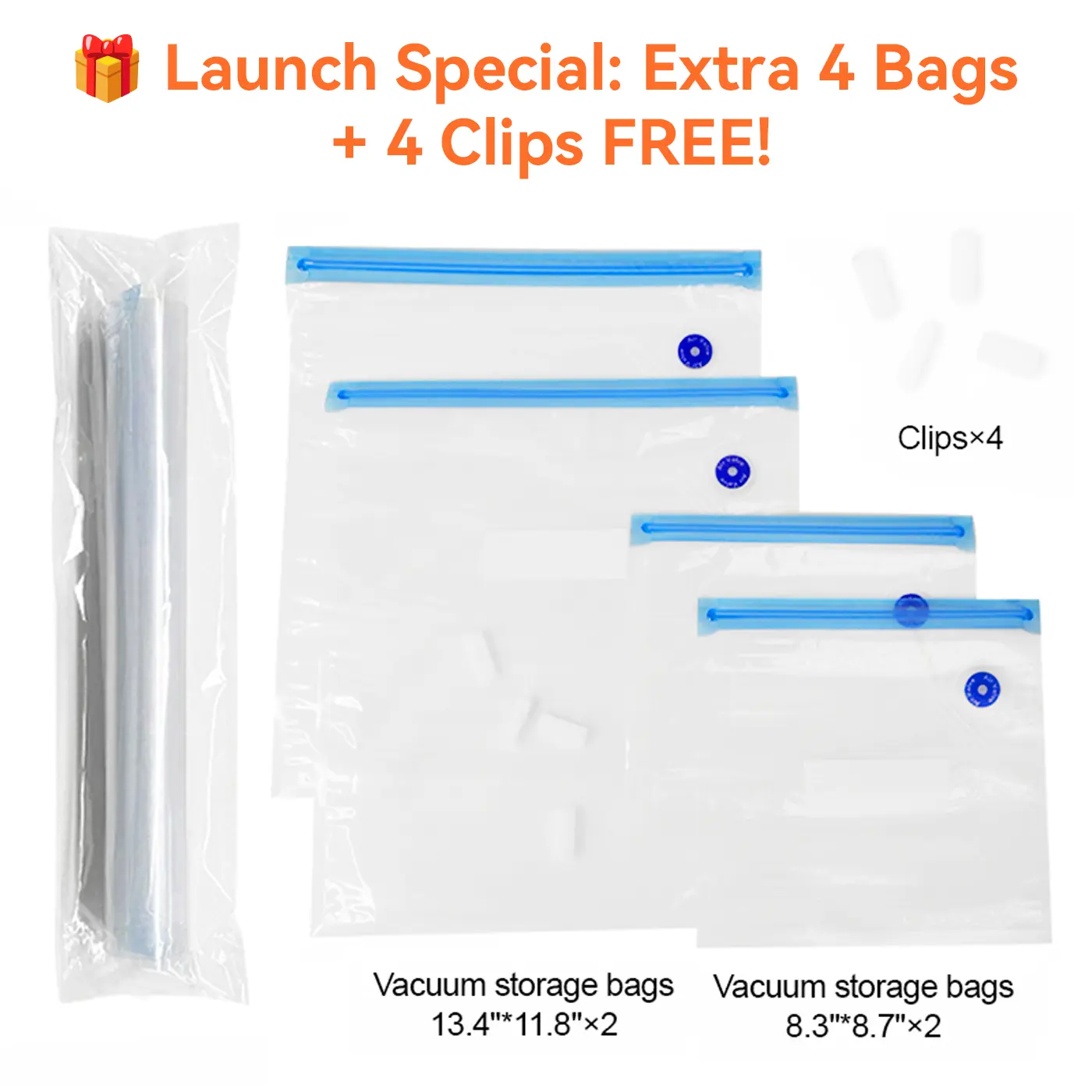 TAKOO Reusable Vacuum Sealer Food Storage Bags - 4 BPA-Free Double-Seal 2-Sizes Bags with 4 Clips, Leakproof, Odor-Resistant, Freezer-Microwave-Dishwasher Safe, Compatible with TAKOO Vacuum Sealers, Two Sizes