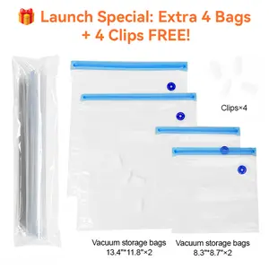 TAKOO Reusable Vacuum Sealer Bags – 4 BPA-Free Storage Bags with 4 Clips – Freezer, Microwave & Dishwasher Safe – Odor-Resistant, Leak-Proof – Compatible with TAKOO Vacuum Sealers