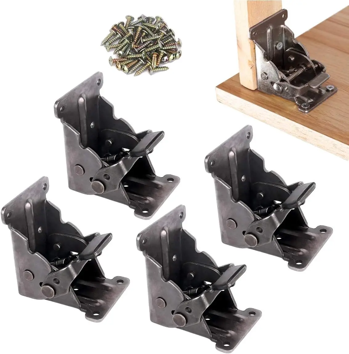 4 Pack Folding Brackets, Lock Extension Support Bracket Foldable Self Lock Hinges with Screws for Table Bed Leg Feet