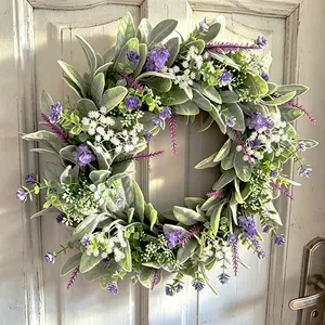 Realistic Wildflower Eucalyptus Wreath, Artificial Spring Summer Door Wreath, Lavender Wall Hanging Decor, Rustic Style Festival Wreath