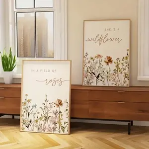 2pcs Set Wood Frame Wildflower Nursery Floral Plant Canvas Art Poster Flower Painting Canvas, Living Room Bedroom Home Decor, Fresh Wall Decoration