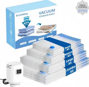 【2026 Upgraded】 Travel Vacuum Storage Compression Bag Set with Rechargeable air Pump 15 Pack Waterproof & Reusable Compression Packing Bags for 2 Size,140L/Min Powerful Air Removal，Perfect for Carry-On Suitcases