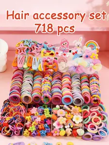 718/719pcs Little Princess Rainbow Unicorn & Mermaid Hair Accessory Gift Box Set: hundreds of styles, shapes & colors; clips, ties, headbands, flat claw clips, rubber bands. For girls' daily styling, optional storage box.