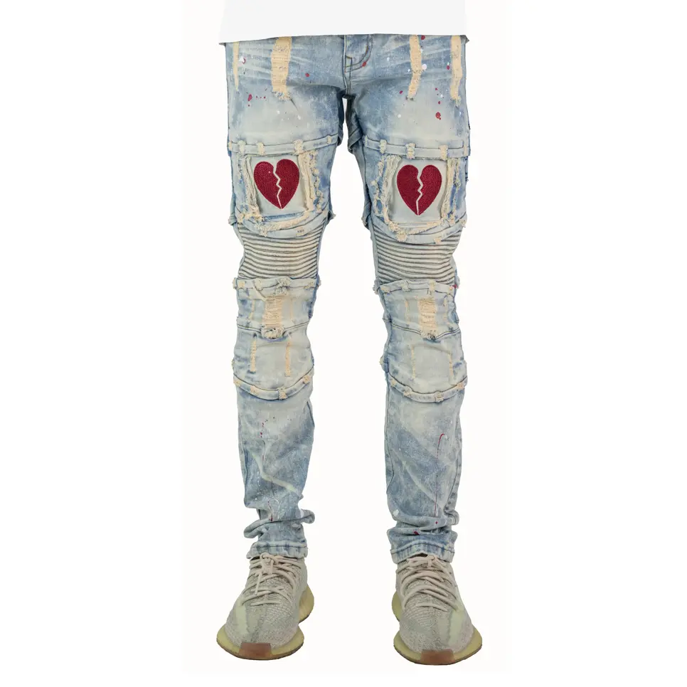 Menswear Vintage Broken Heart Casual Jeans - Spandex, Patchwork, Embroidered Design