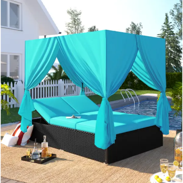 PE Rattan Patio Chaise Lounge Daybed for 2-6 People, Outdoor Wicker Sunbed with Adjustable Seats, 4-Sided Canopy, Overhead Curtain & Blue Cushions for Backyard, Garden & Poolside