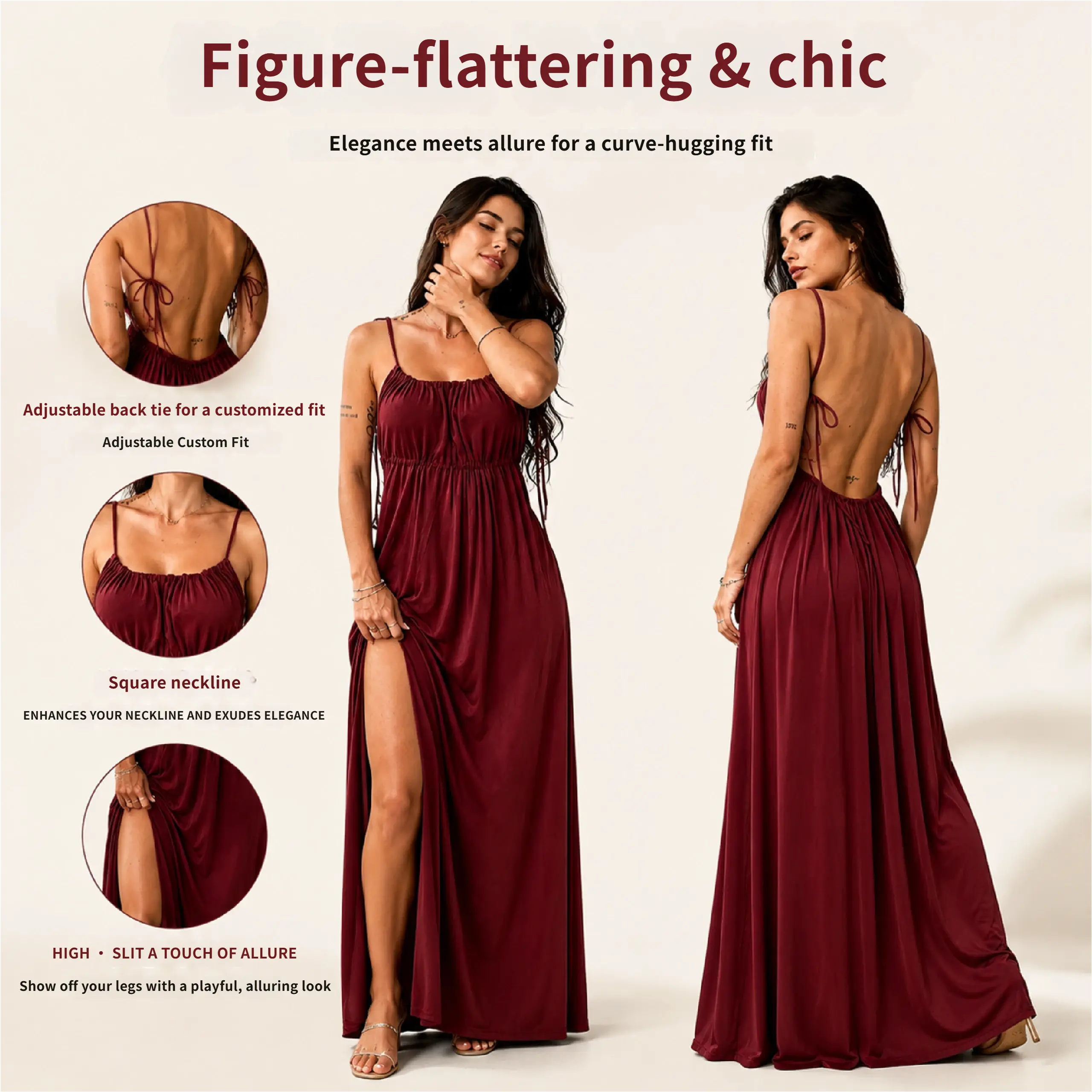 French Style Sweet Summer Dress, Drawstring Loose Slip Dress, Solid Color Long Casual Dresses for Women