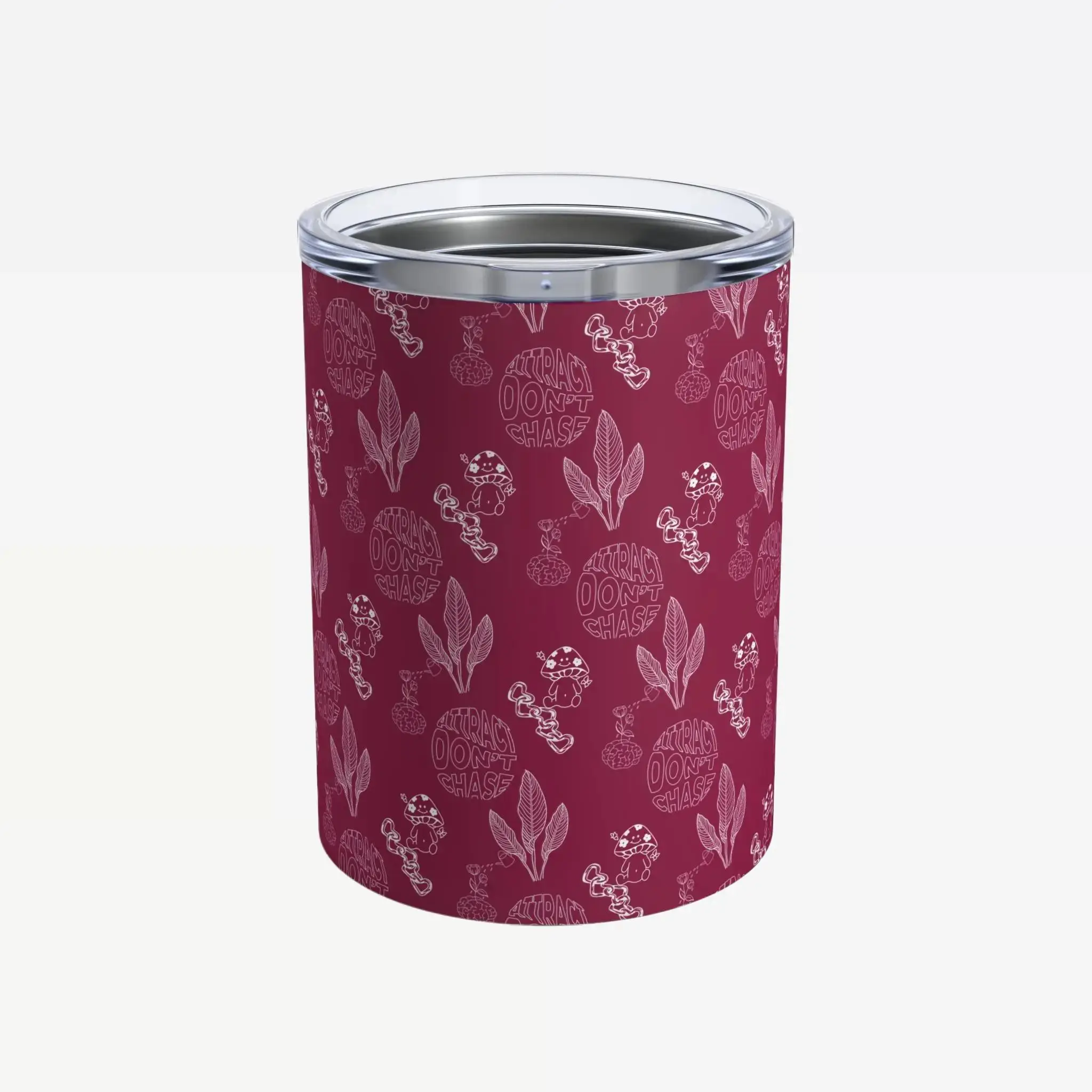 White Don't Chase Attract, Burgundy Tumbler 10oz, Positive Energy Cup, Manifestation Gift, Law of Attraction Gift Drinkware