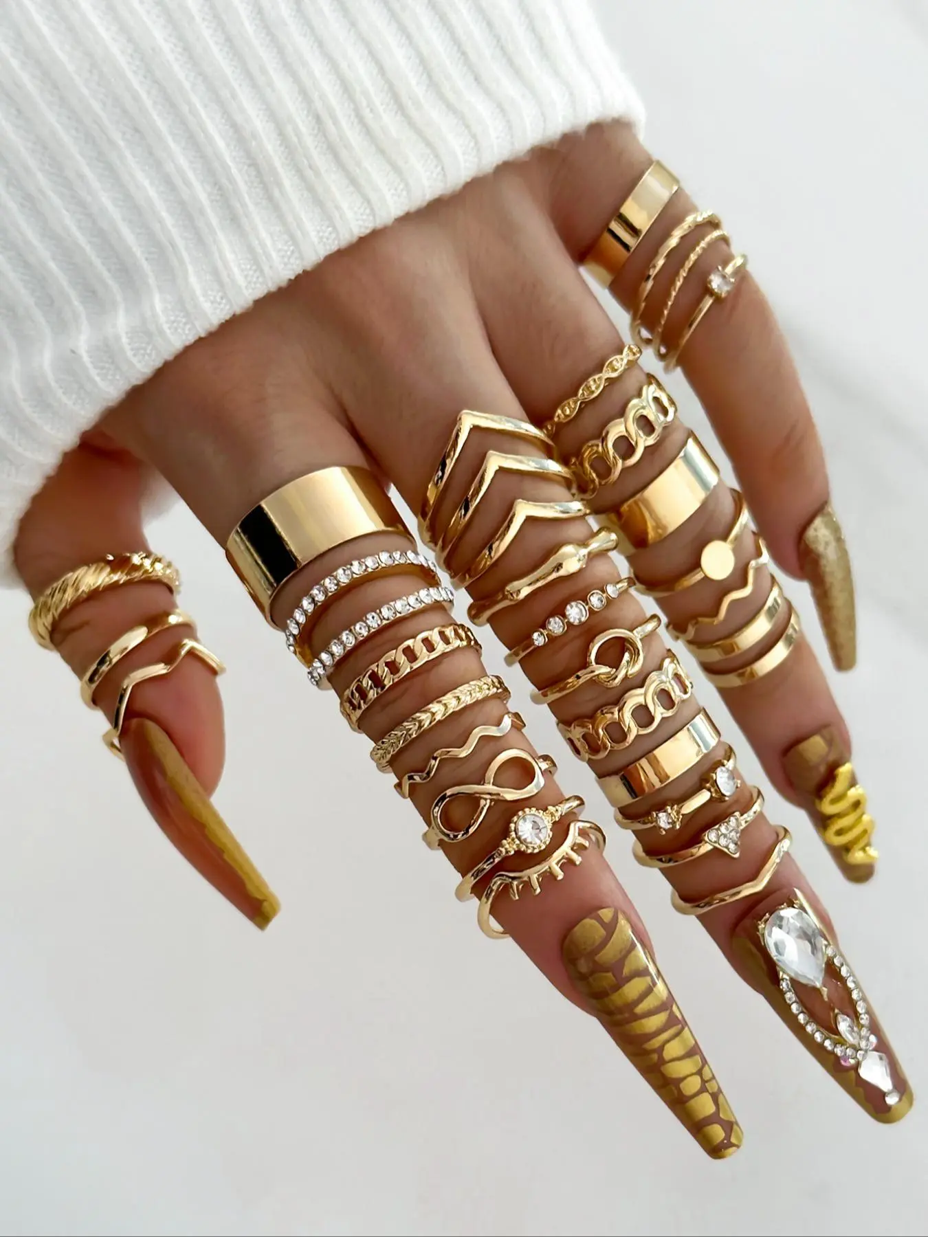 Fashion Hollow Out Rhinestone Decorated Fashion Stackable Rings Set, Statement Multi Ring, Stacking Rings, 30pcs Fashionable Jewelry for Party, Daily Clothing Decor, Trendy All-match & Exquisite Jewellery for Birthday Gift