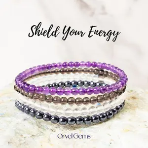"Shield Your Energy" Protection Amulets Healing Gemstone Bracelet Stack | 4mm Hematite, Smoky Quartz, Amethyst, Clear Quartz Beads |  Perfect for Men, Women, Couples, and Friends | Ideal for Daily Wear, Meditation. X0